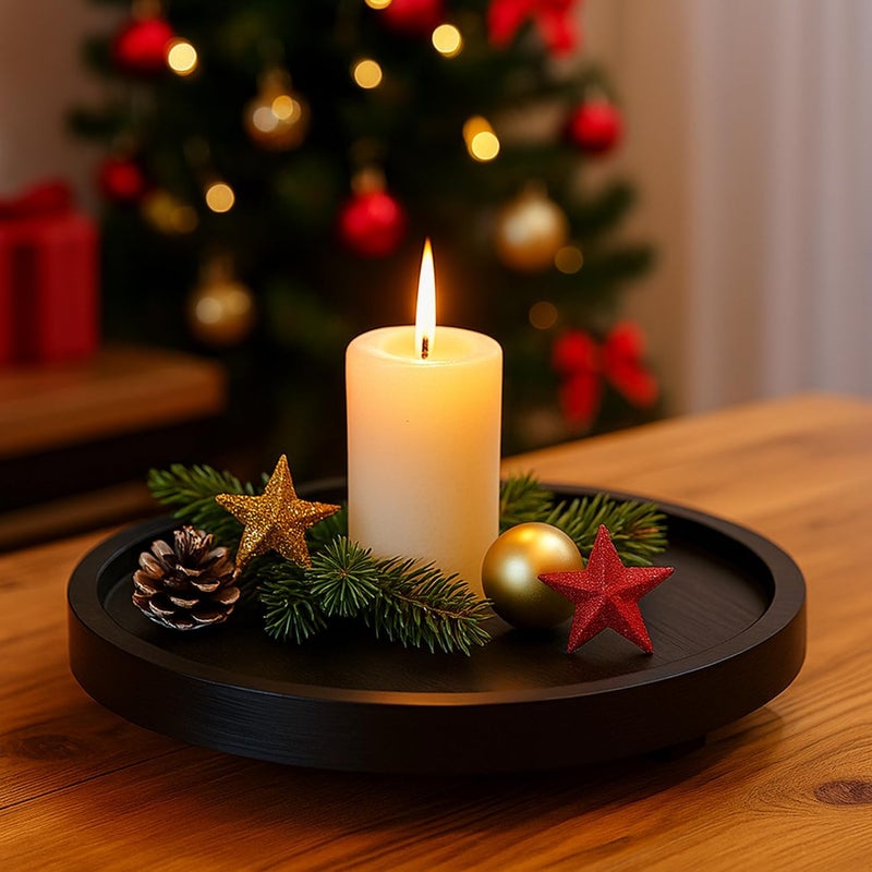 Renawe Black Decorative Wooden Tray for Kitchen Counter Bathroom Accessories Sink Vanity Trays Wood Riser Candle Pedestal Stand for Perfume Soap Trays Round Dining Coffee Table Small Rustic Home Decor Tray - Image 5